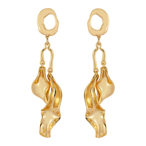 Gold Wavy Double Drop Earrings on Flat White Background