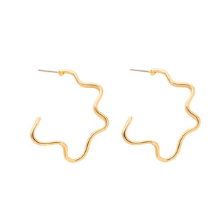 Gold Wavy Hoop Earrings on Flat White Background