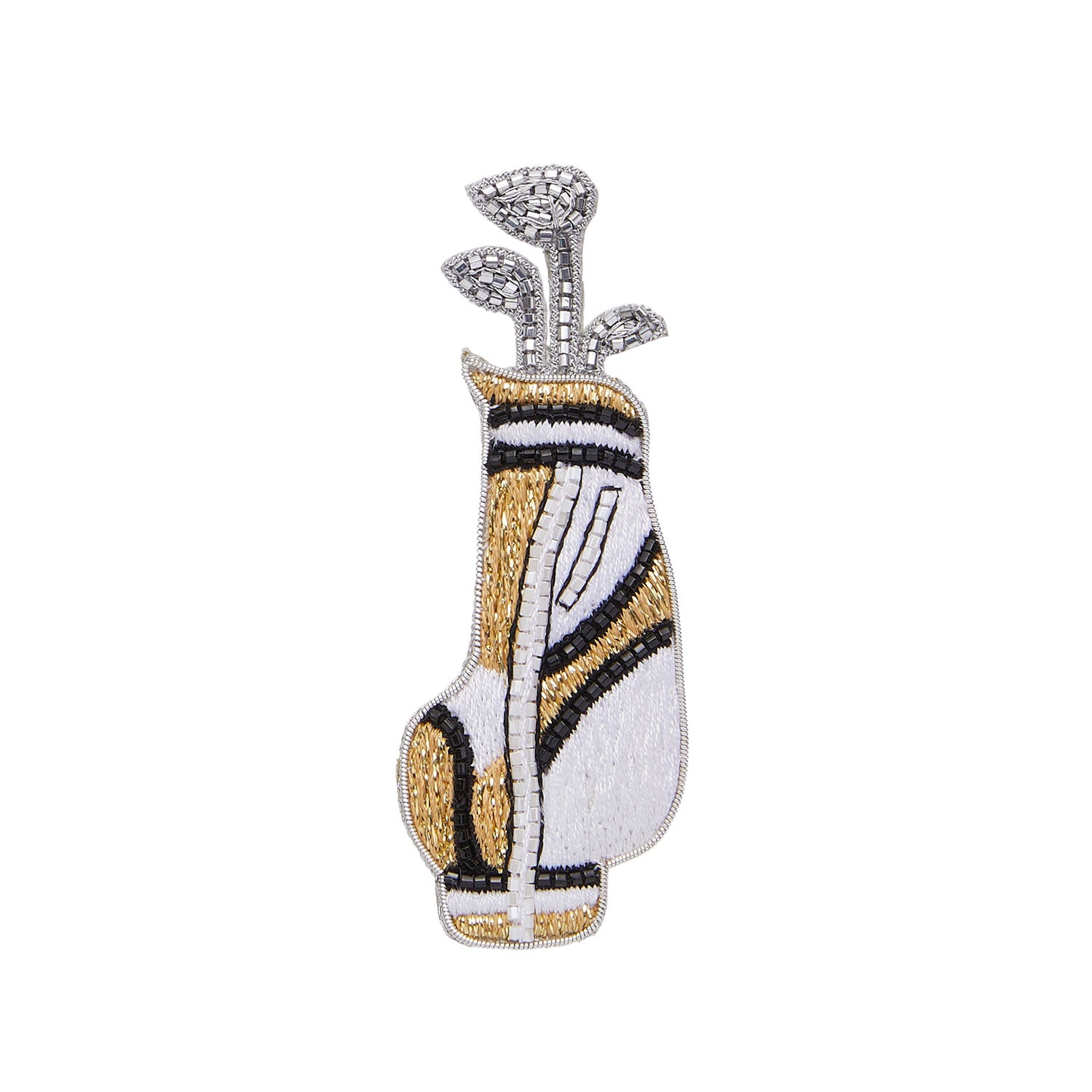 Gold, White, Black, and Silver Beaded Golf Bag Brooch on Flat White Background