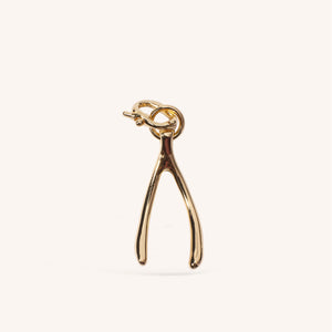 Gold Wishbone Charm on Tan Background