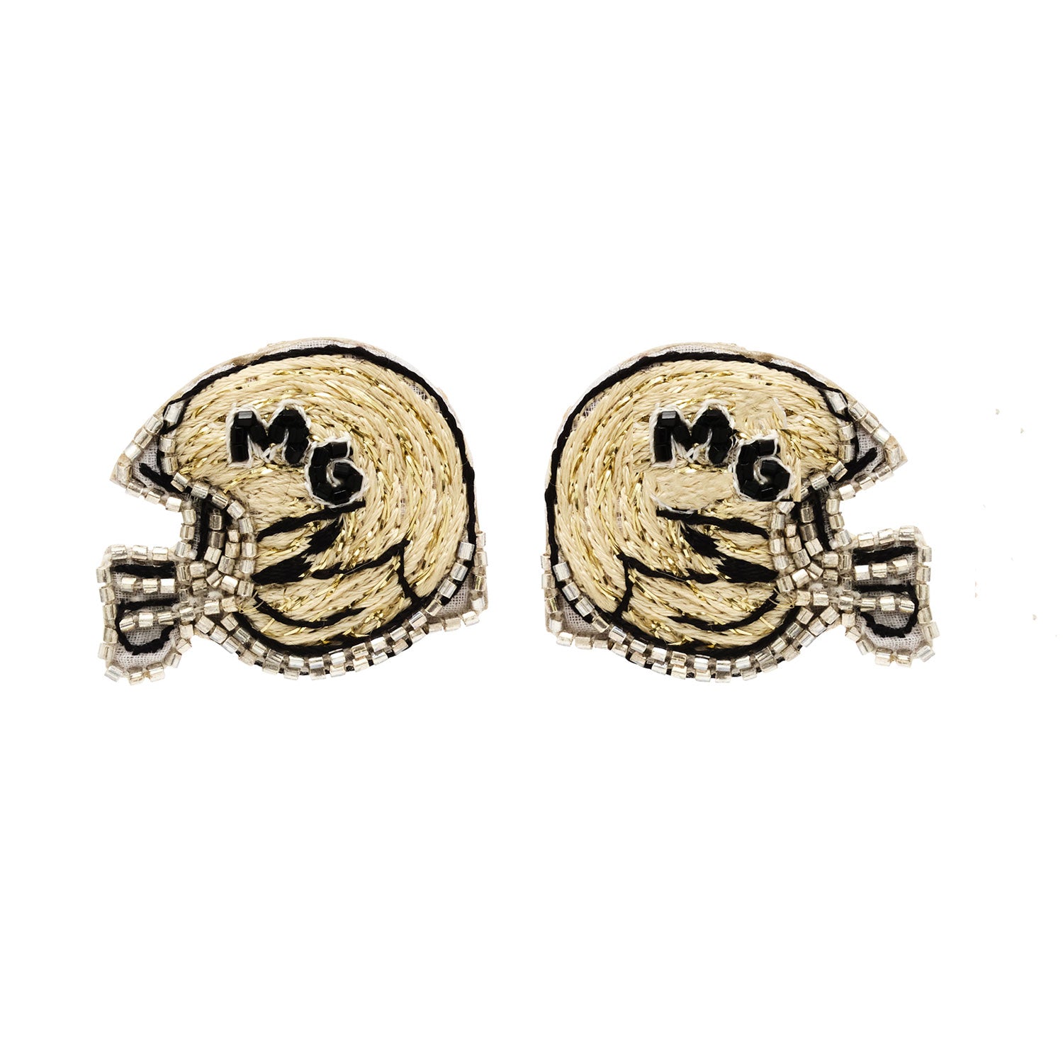 Gold and Black Beaded Football Helmet Stud Earrings on Flat White Background