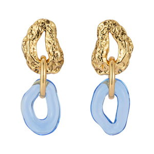 Gold and Blue Double Drop Earrings on Flat White Background