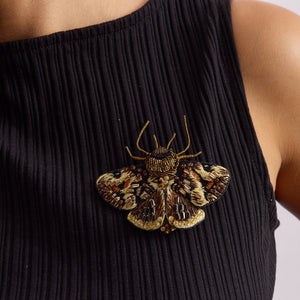 Bronze and Gold Beaded and Embroidered Moth Brooch on Model