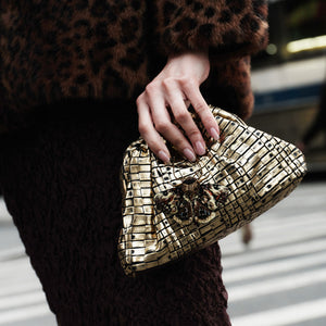 Bronze and Gold Beaded and Embroidered Moth Brooch Styled on Clutch