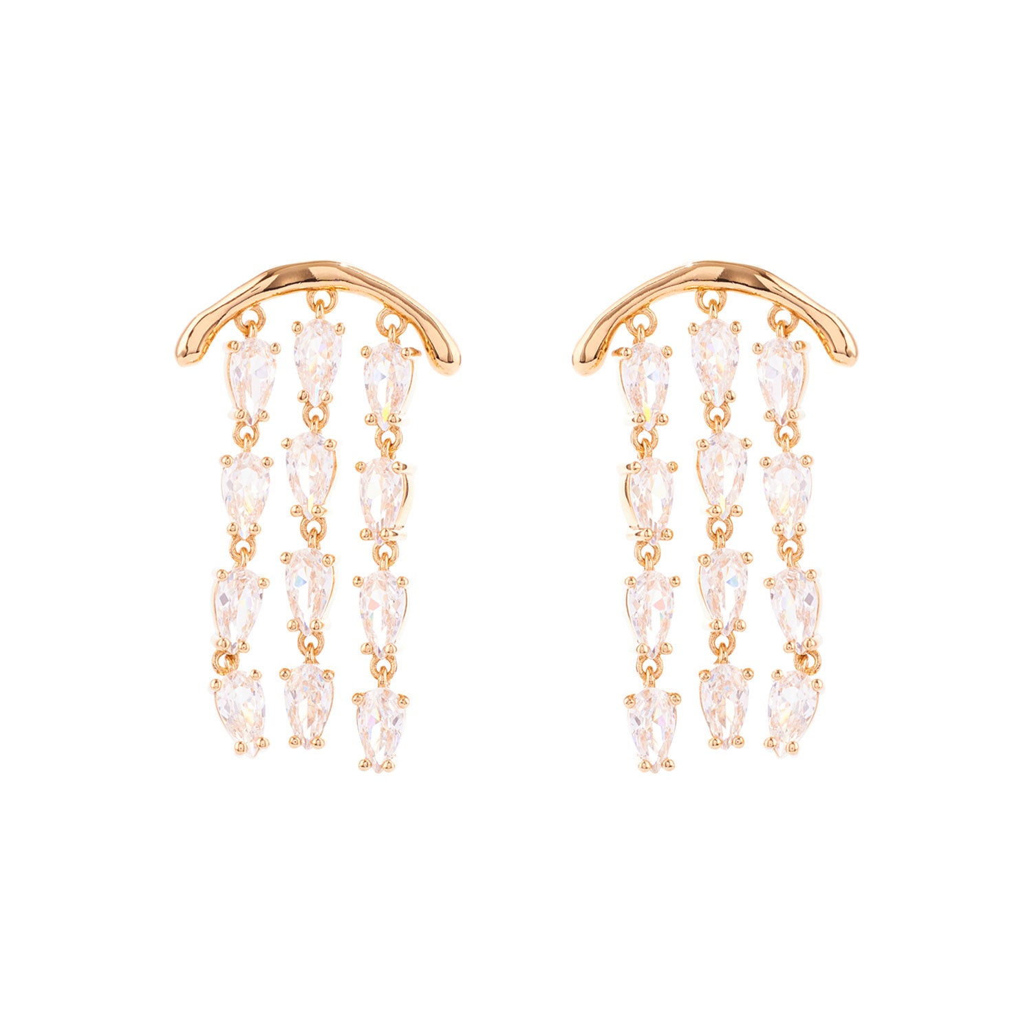 Gold and Clear Crystal Dangle Earrings on Flat White Background