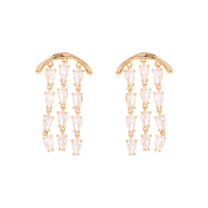 Gold and Clear Crystal Dangle Earrings on Flat White Background