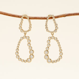 Crystal and Gold Double Drop Earrings Staged on Branch with Cream Background