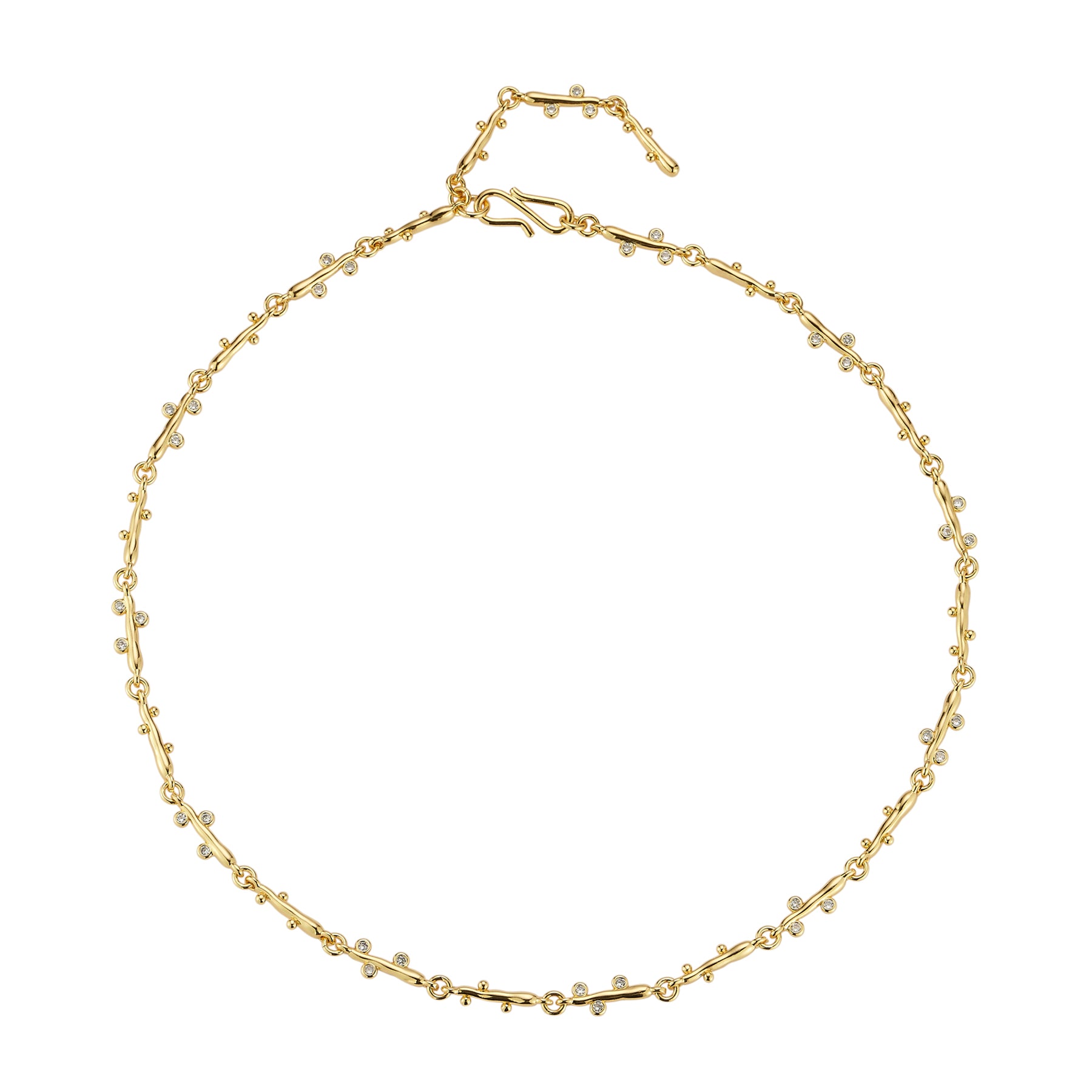 Gold and Crystal Chain Necklace on Flat White Background