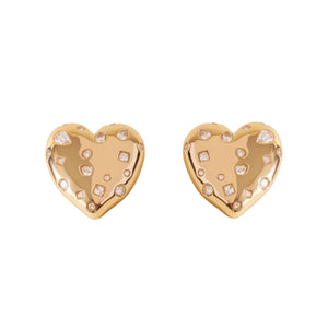 Gold and Crystal Heart Stud Earrings on Flat White Background