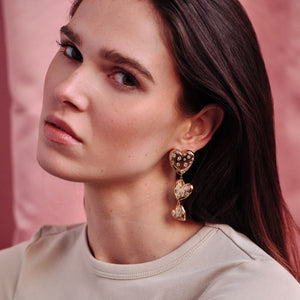 Crystal and Gold Triple Drop Heart Earrings Styled on Model