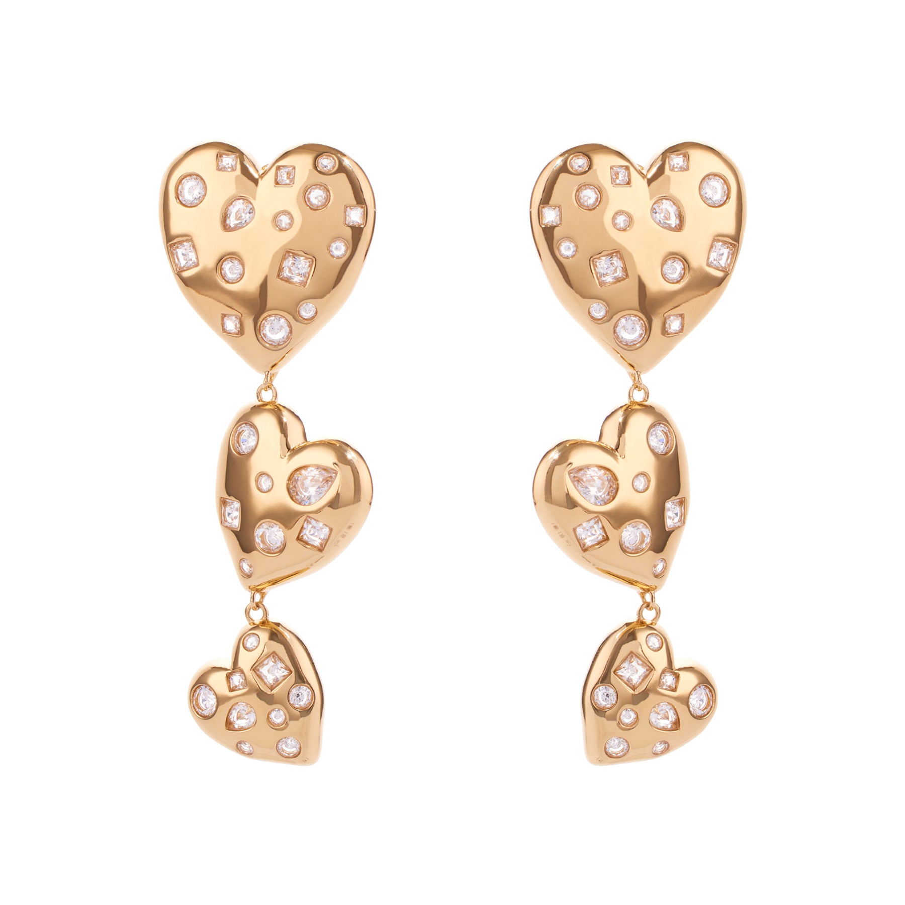 Crystal and Gold Triple Drop Heart Earrings on Flat White Background