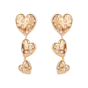 Crystal and Gold Triple Drop Heart Earrings on Flat White Background