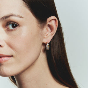 Gold and Crystal Hoop Earrings Styled on Model
