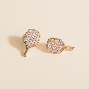 Crystal and Gold Pickleball Stud Earrings Styled on Cream Background