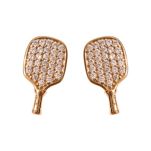 Crystal and Gold Pickleball Stud Earrings on Flat White Background