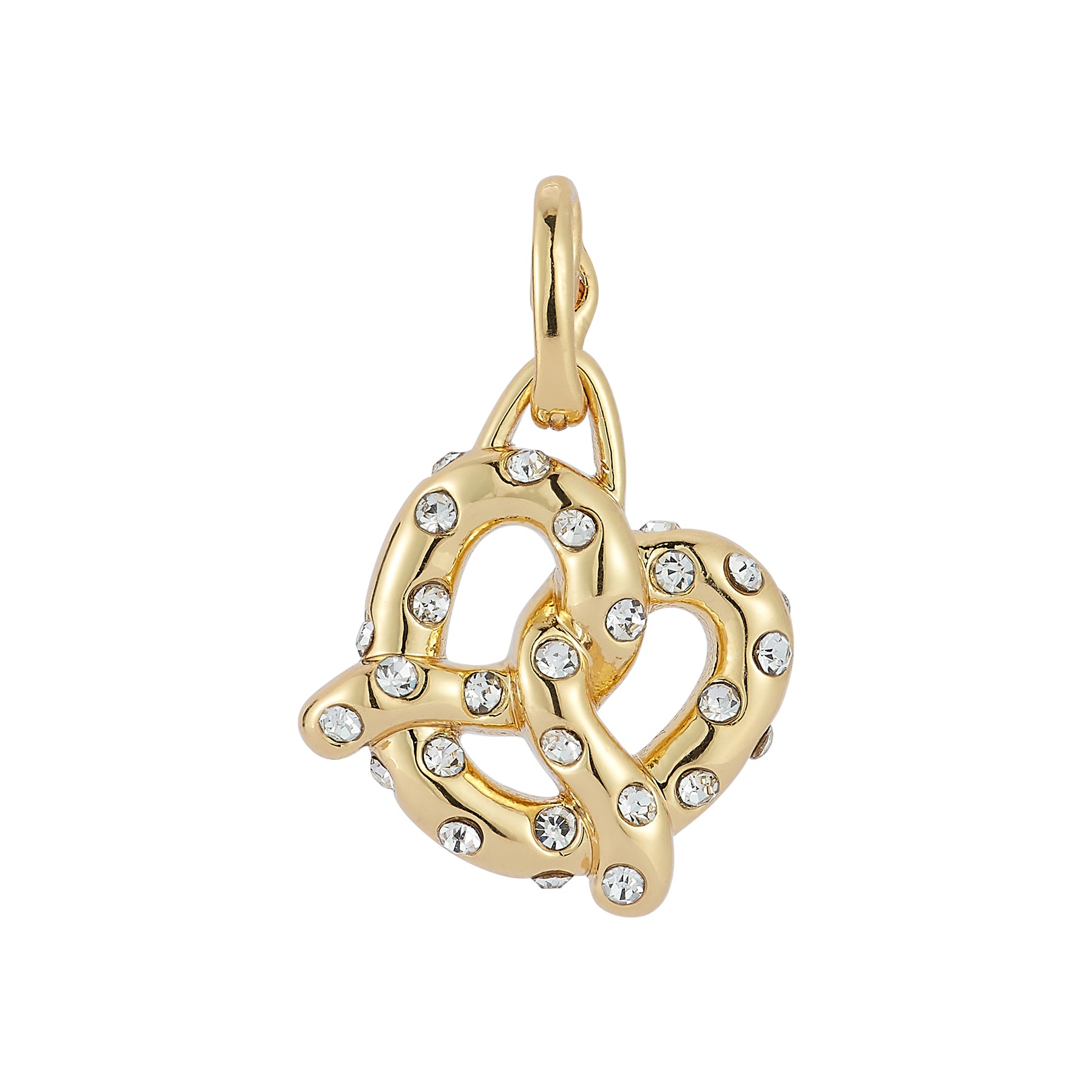 Gold and Crystal Pretzel Charm on Flat White Background
