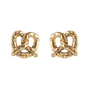 Gold and Crystal Pretzel Stud Earrings on Flat White Background