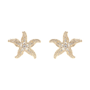 Gold and Crystal Starfish Earrings on Flat White Background