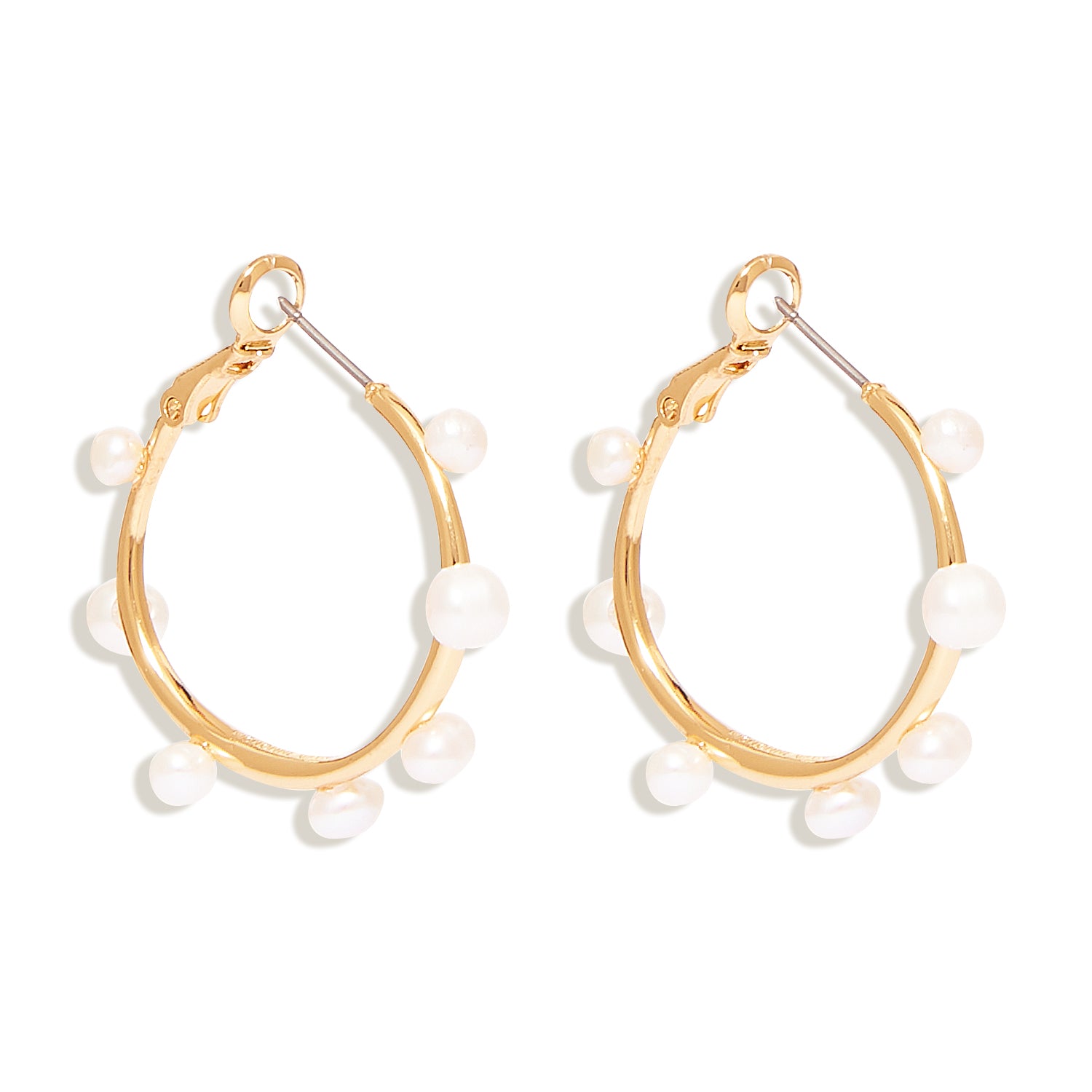 Gold and Multi-Sized White Pearl Hoop Earrings On Flat White Background