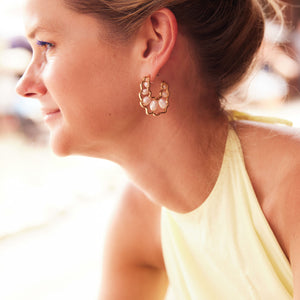 Gold and Pearl Hoops on Maggie in Yellow Dress