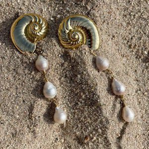 Gold Shell and Pearl Dangle Earrings in Sand