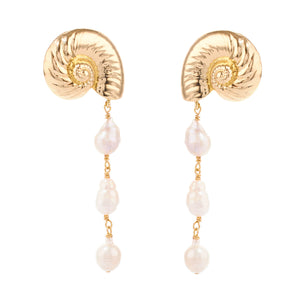 Gold Shell and Pearl Dangle Earrings on Flat White Background