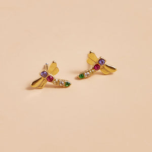 Gold and Multi Crystal Dragonfly Studs on Tan Background