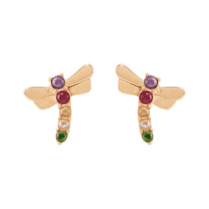 Gold and Multi Crystal Dragonfly Studs on White Background