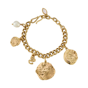 Gold and Pearl Charm Bracelet on Flat White Background