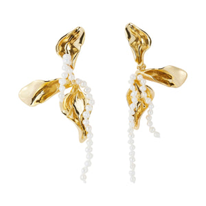 Gold and Pearl Flower Dangle Earrings on Flat White Background