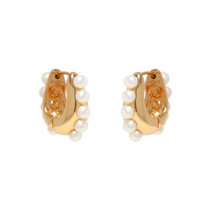 Gold and Pearl Hoop Earrings on Flat White Background