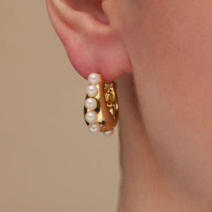 Gold and Pearl Hoop Earrings Styled on Model's Ear