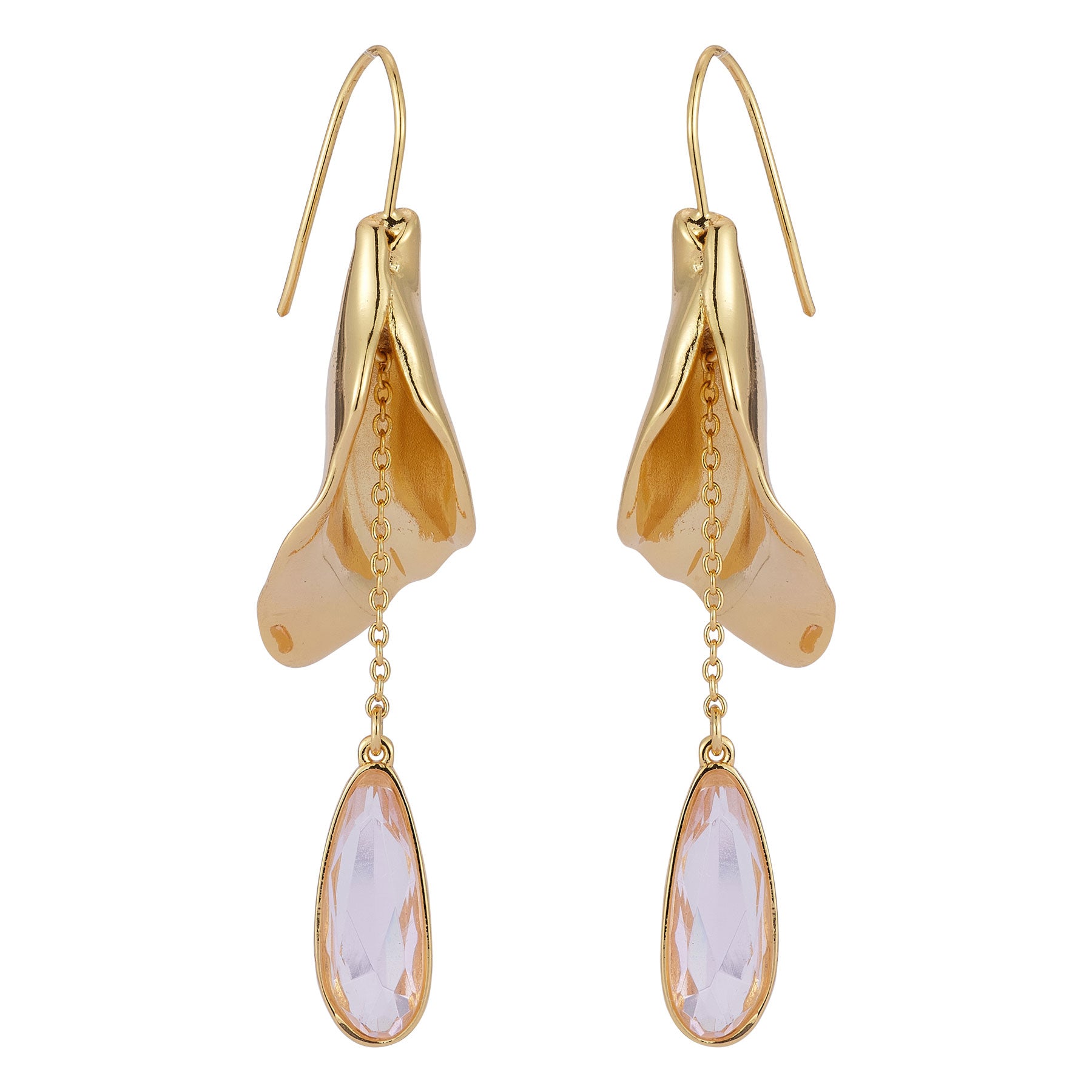 Pink Crystal and Gold Drop Earrings on Flat White Background