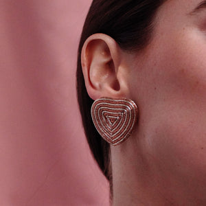 Metallic Gold and Rose Gold Embroidered Heart Stud Earrings Styled on Model