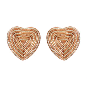 Metallic Gold and Rose Gold Embroidered Heart Stud Earrings on Flat White Background