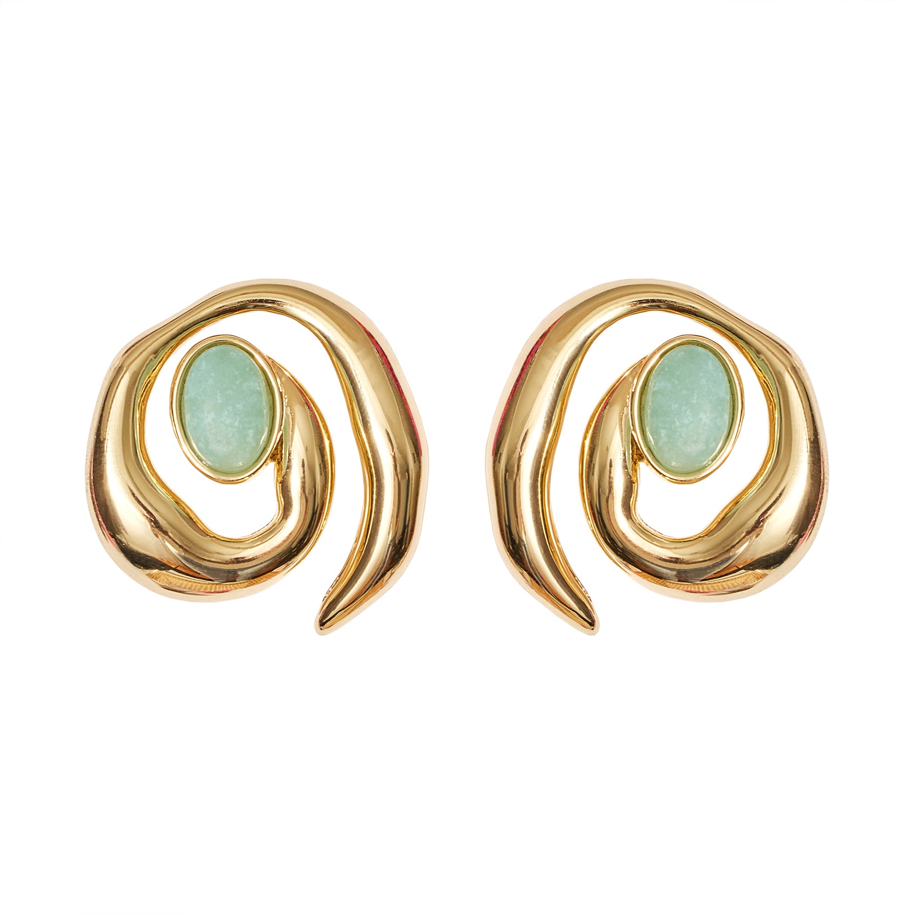 Green Stone and Gold Spiral Stud Earrings on Flat White Background