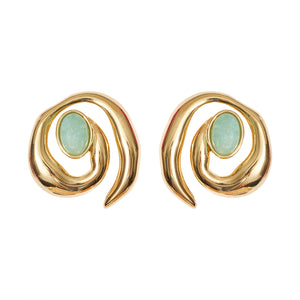 Green Stone and Gold Spiral Stud Earrings on Flat White Background