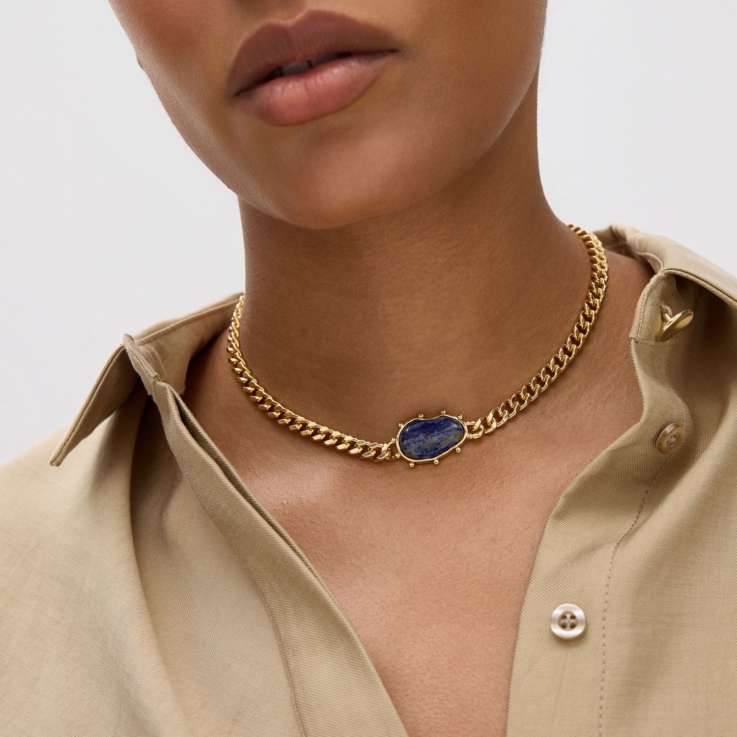 Lapis Stone Pendant Gold Necklace Styled on Model
