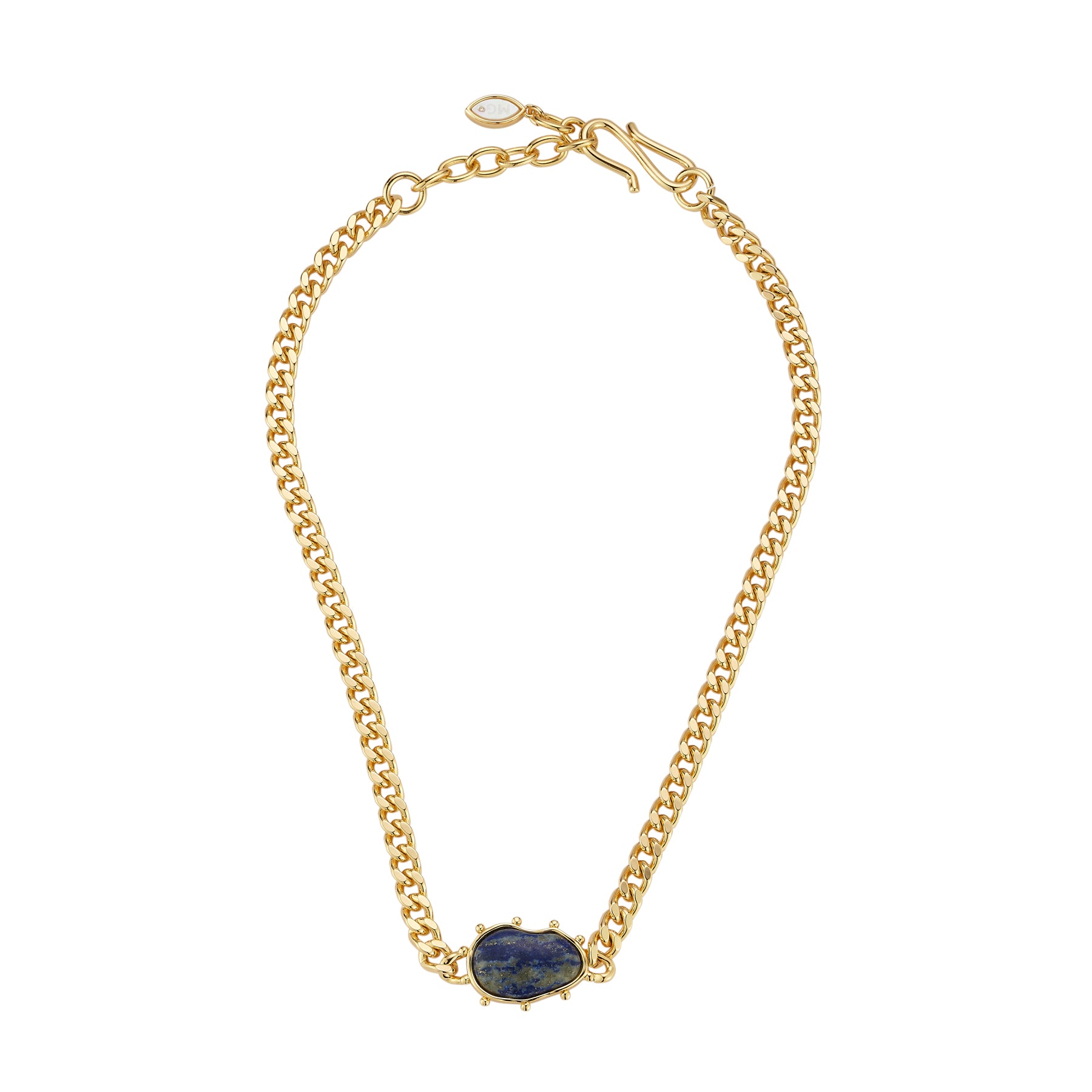 Lapis Stone Pendant Gold Necklace on Flat White Background