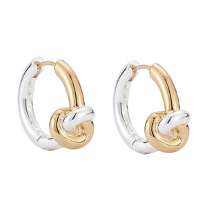 Gold and Silver Knotted Hoop Earrings on Flat White Background