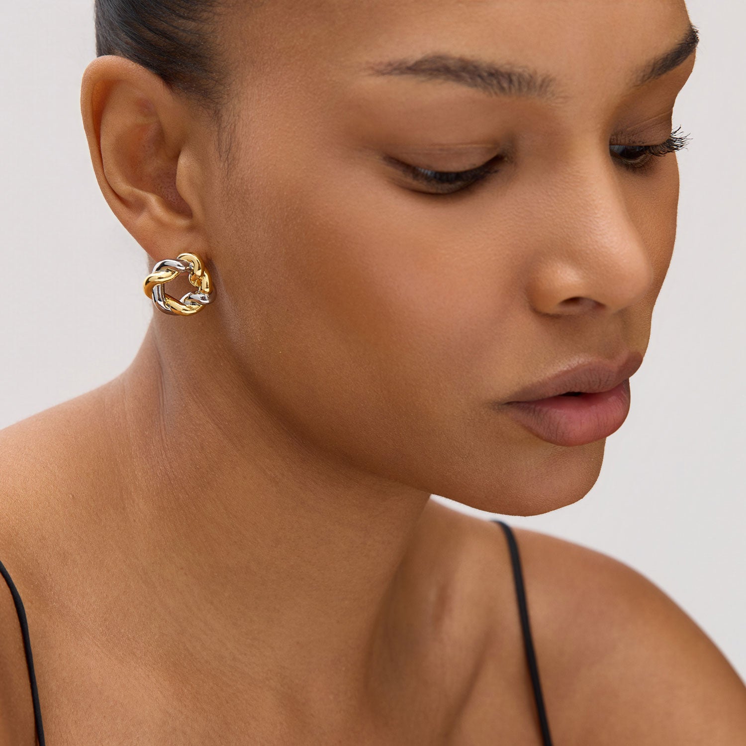 Gold and Silver Rope Stud Earrings Styled on Model