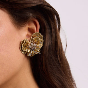 Gold and Silver Beaded and Embroidered Flower Stud Earrings on Model