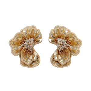 Gold and Silver Beaded and Embroidered Flower Stud Earrings Staged on Flat White Background