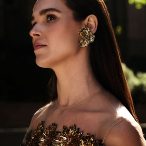 Gold and Silver Beaded and Embroidered Flower Stud Earrings on Model