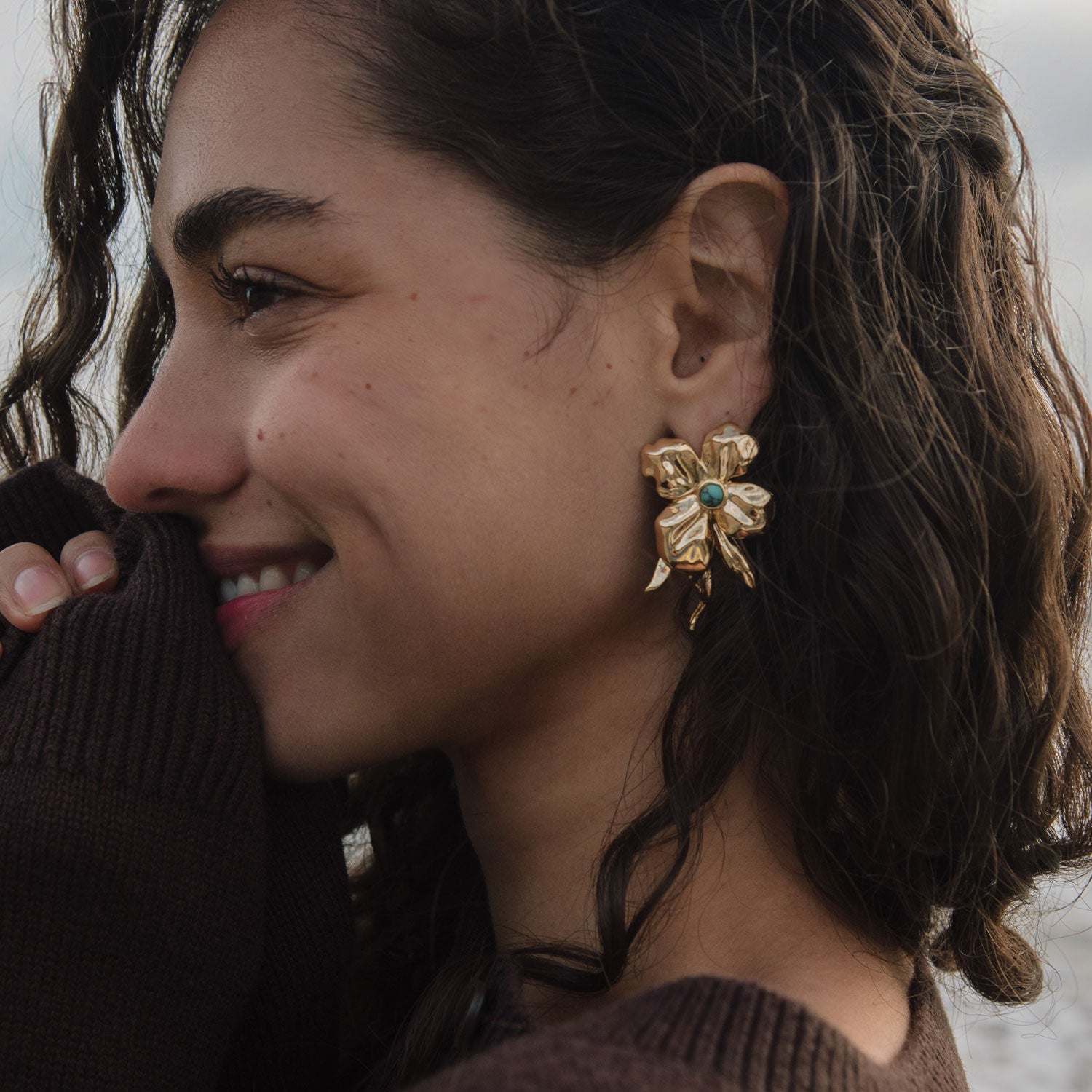 Gold and Turquoise Flower Stud Earrings Styled on Model
