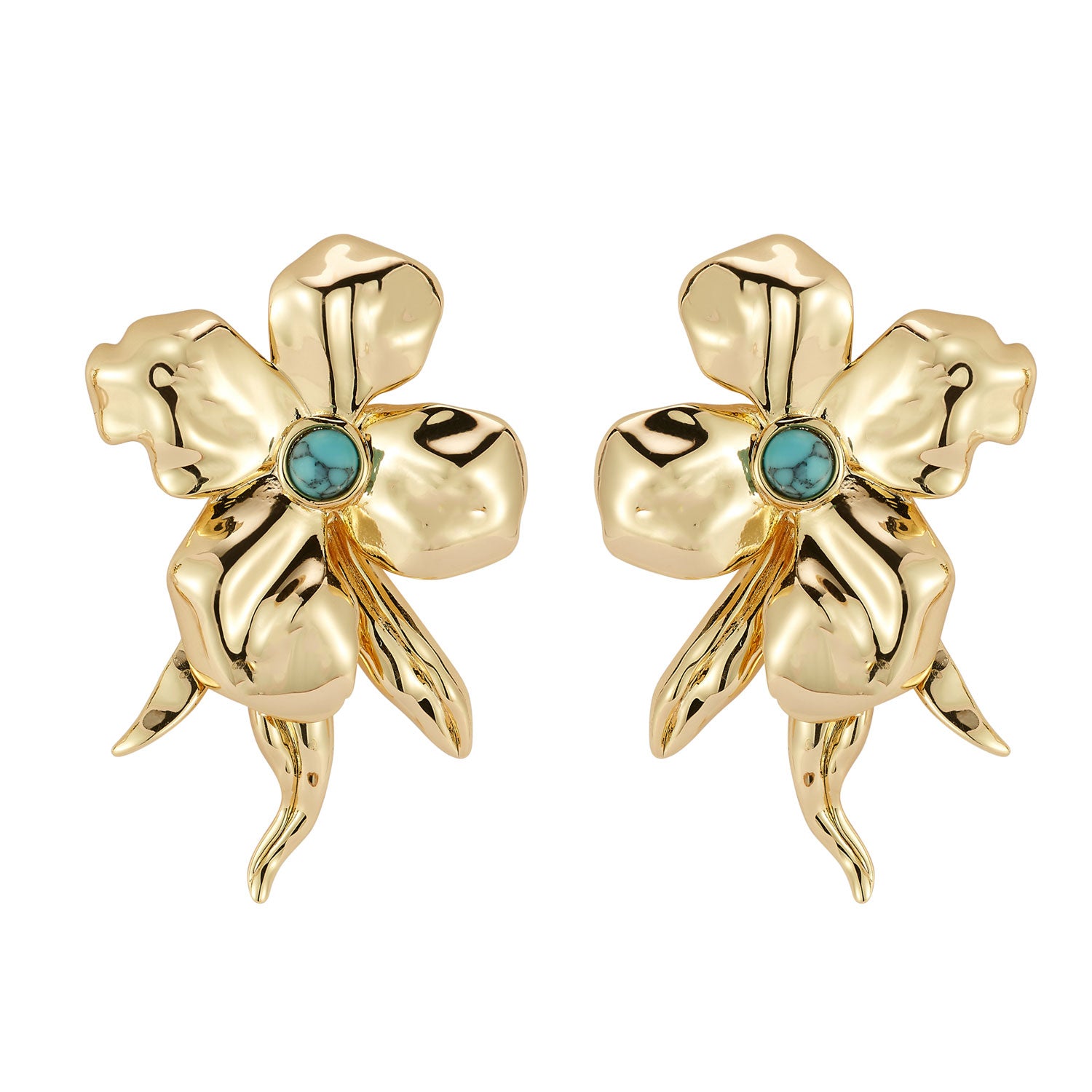 Gold and Turquoise Flower Stud Earrings on Flat White Background
