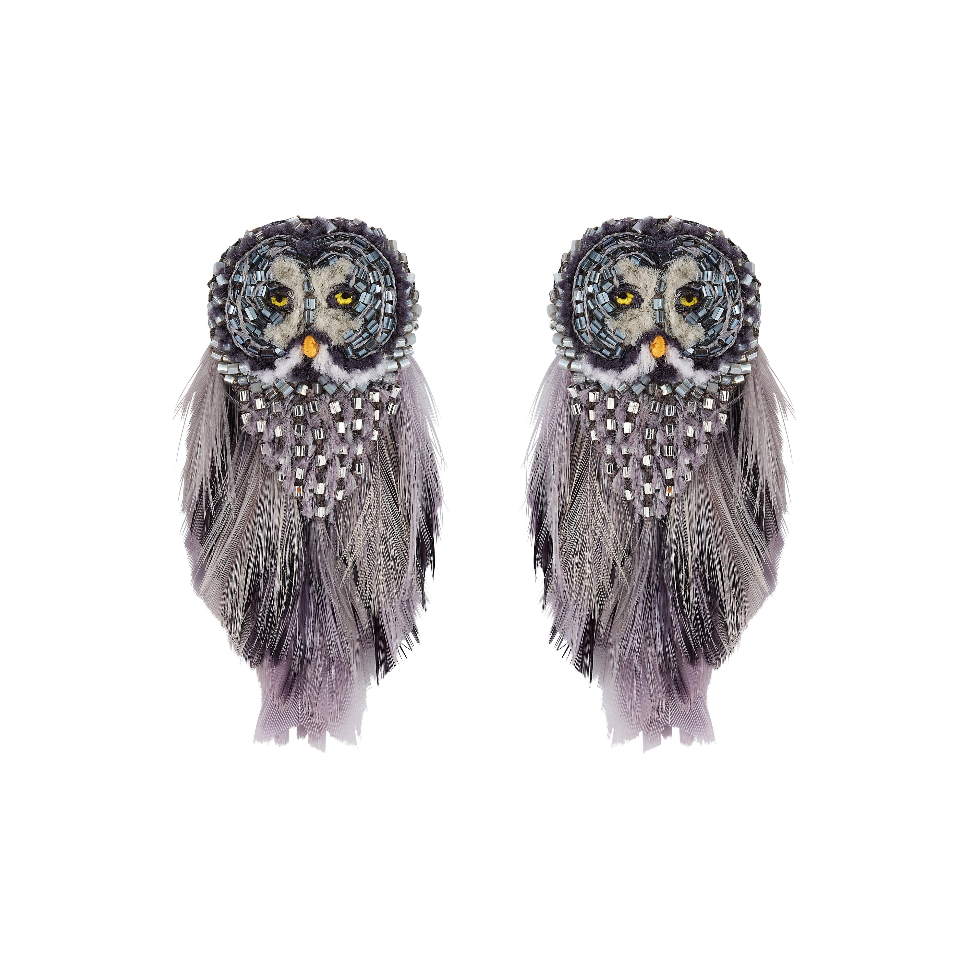 A pair of owl-shaped earrings made with gray and black feathers, silver rhinestones, and yellow eyes, shown against a plain white background.