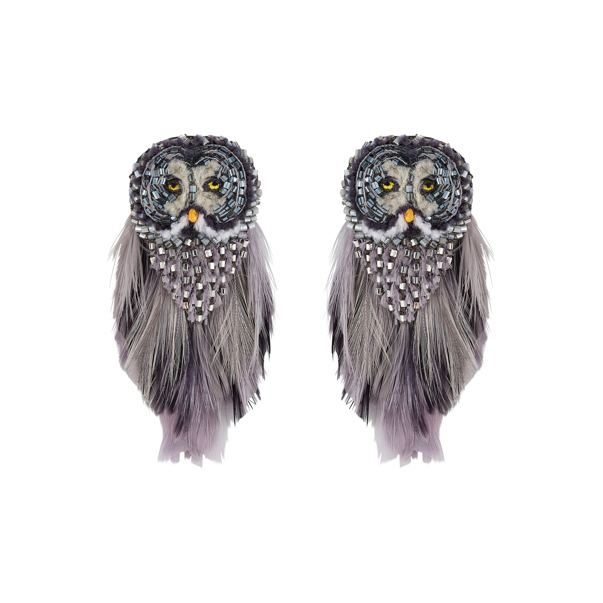 A pair of owl-shaped earrings made with gray and black feathers, silver rhinestones, and yellow eyes, shown against a plain white background.