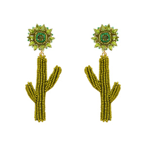 Green Beaded and Crystal Drop Cactus Earrings on Flat White Background