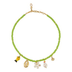Green Beaded Strand Necklace with Fish, Shell, Flower, and Pearl Charms on Flat White Background